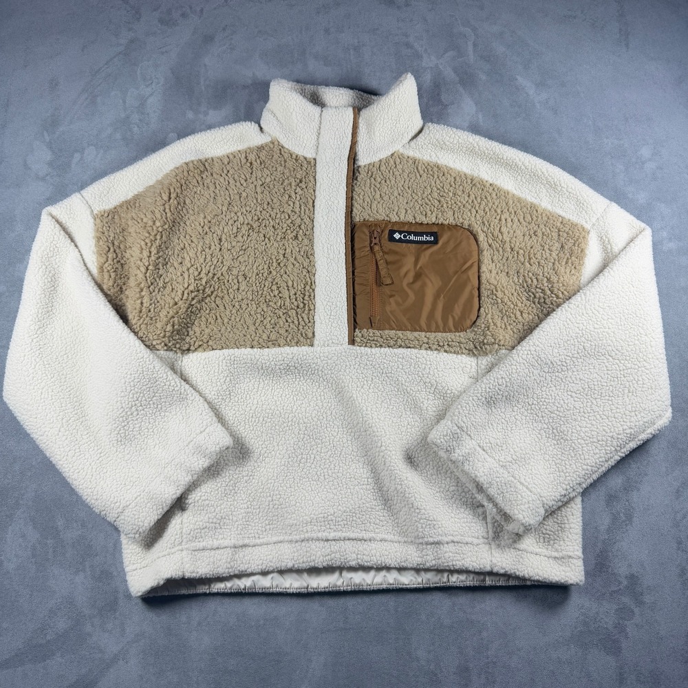 Columbia Sherpa Fleece Pullover Jacket Womens Large Cream Tan Half Zip XP3671